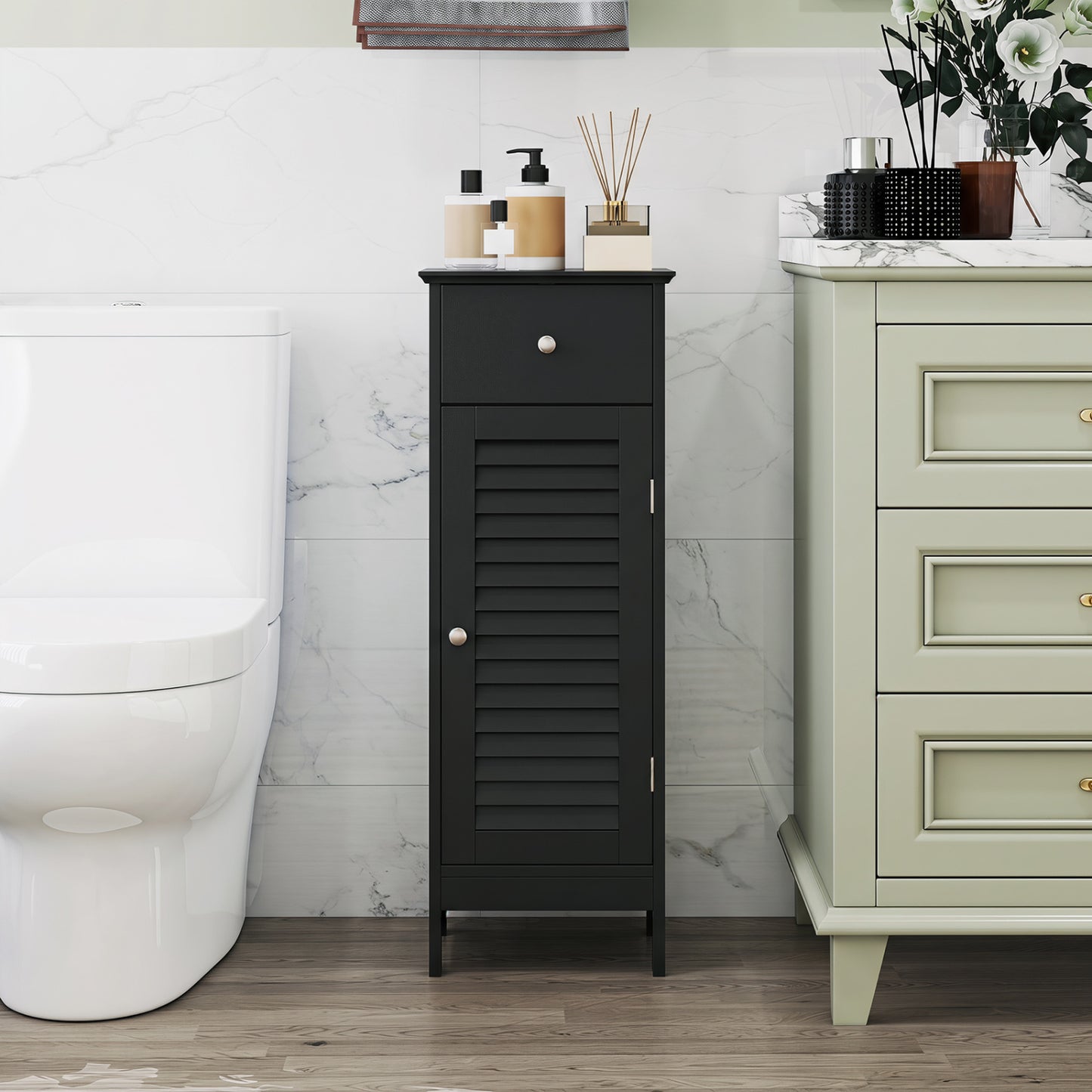 Narrow Bathroom Cabinet, Adjustable Shelf & Drawer, Black Floor Cabinets at Gallery Canada