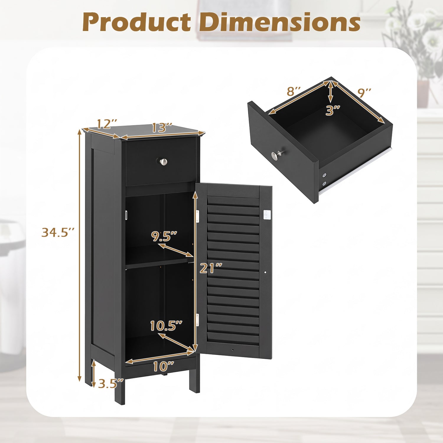 Narrow Bathroom Cabinet, Adjustable Shelf & Drawer, Black Floor Cabinets at Gallery Canada