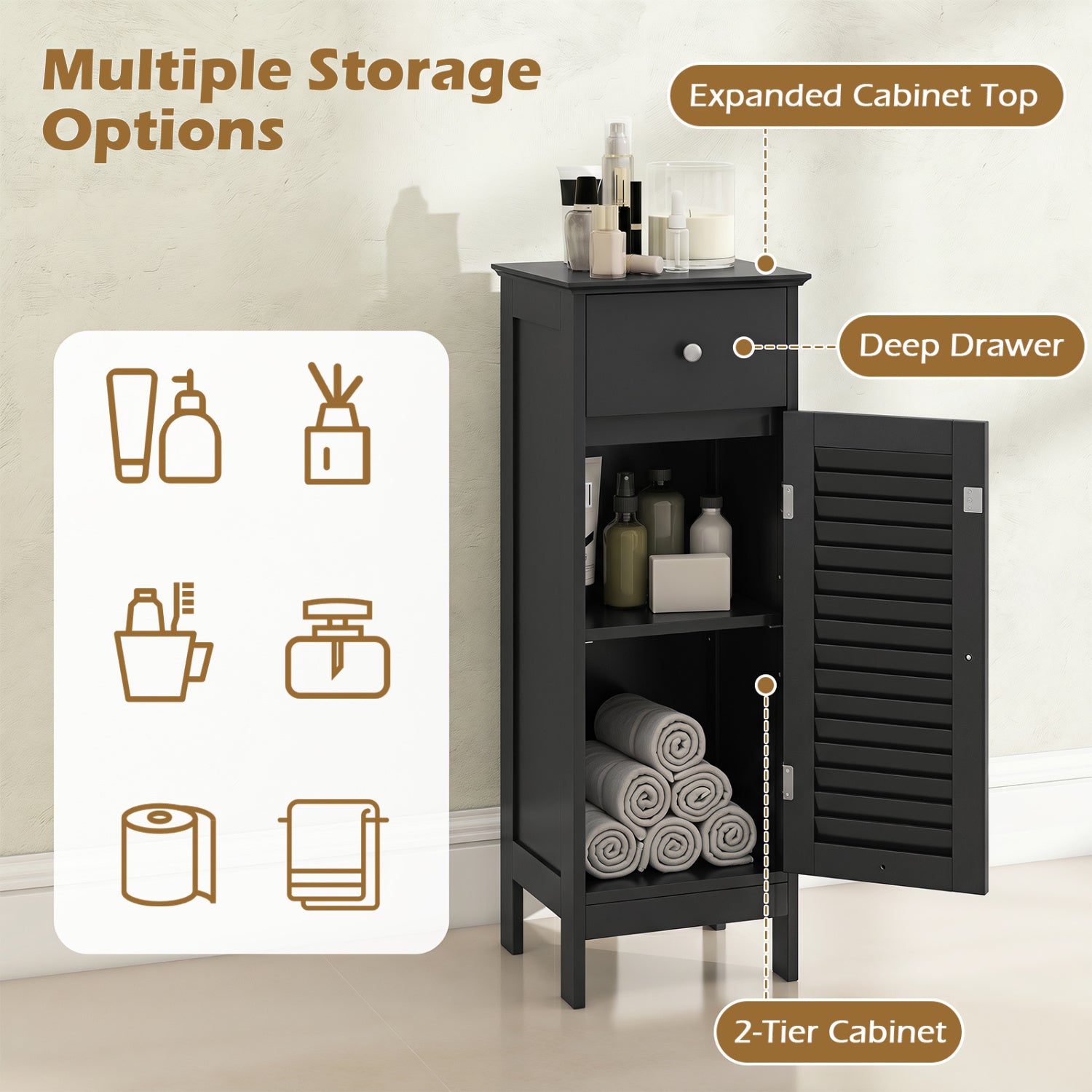 Narrow Bathroom Cabinet, Adjustable Shelf & Drawer, Black Floor Cabinets at Gallery Canada