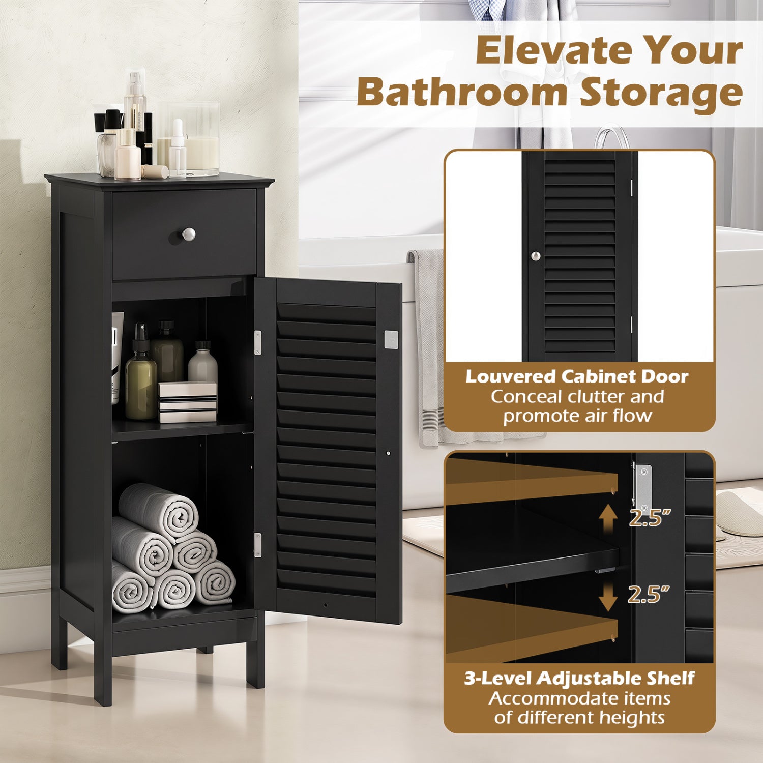 Narrow Bathroom Cabinet, Adjustable Shelf & Drawer, Black Floor Cabinets at Gallery Canada