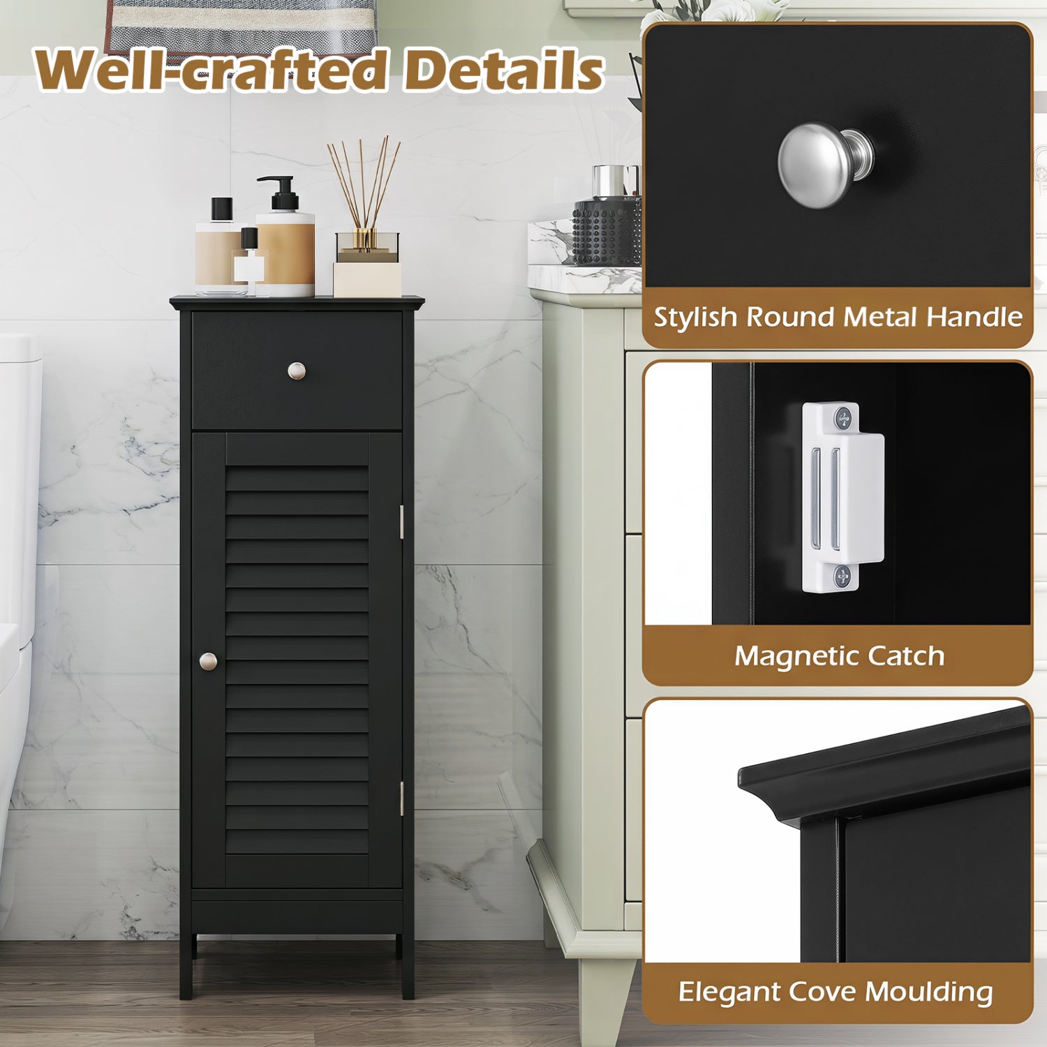 Narrow Bathroom Cabinet, Adjustable Shelf & Drawer, Black Floor Cabinets at Gallery Canada