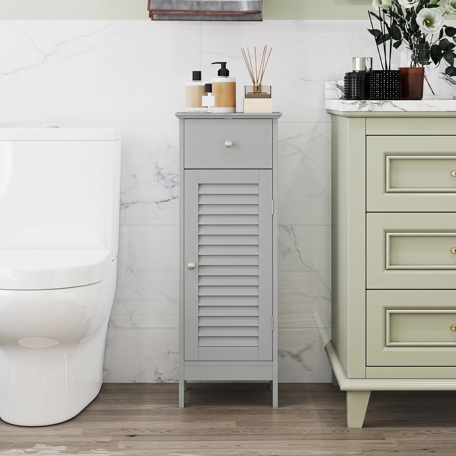 Narrow Bathroom Cabinet with Shelf and Drawer, Gray Floor Cabinets at Gallery Canada