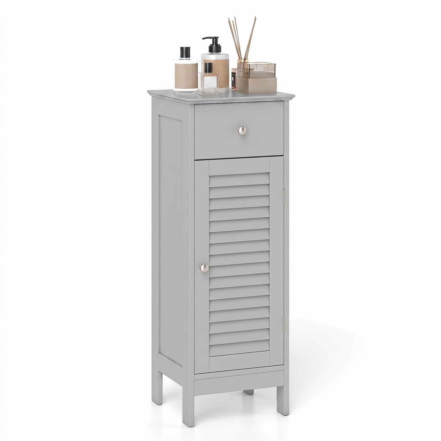 Narrow Bathroom Cabinet with Shelf and Drawer, Gray Floor Cabinets at Gallery Canada