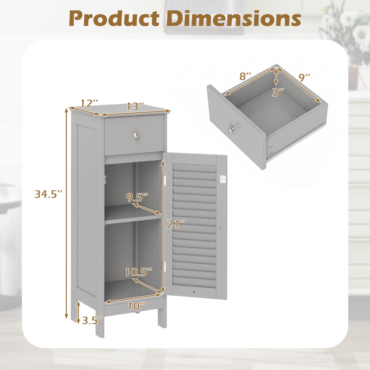 Narrow Bathroom Cabinet with Shelf and Drawer, Gray Floor Cabinets at Gallery Canada