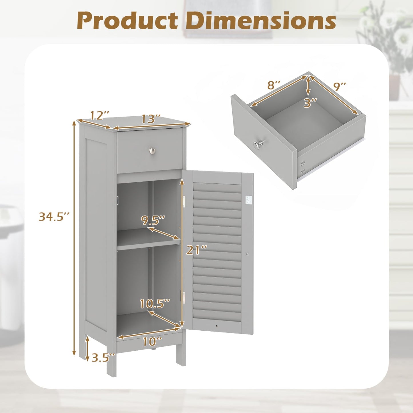 Narrow Bathroom Cabinet with Shelf and Drawer, Gray Floor Cabinets at Gallery Canada