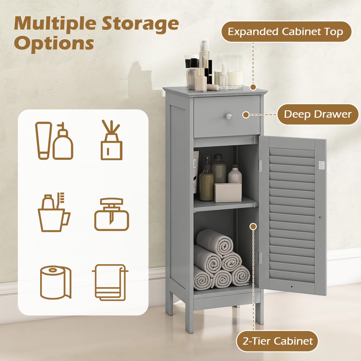 Narrow Bathroom Cabinet with Shelf and Drawer, Gray Floor Cabinets at Gallery Canada