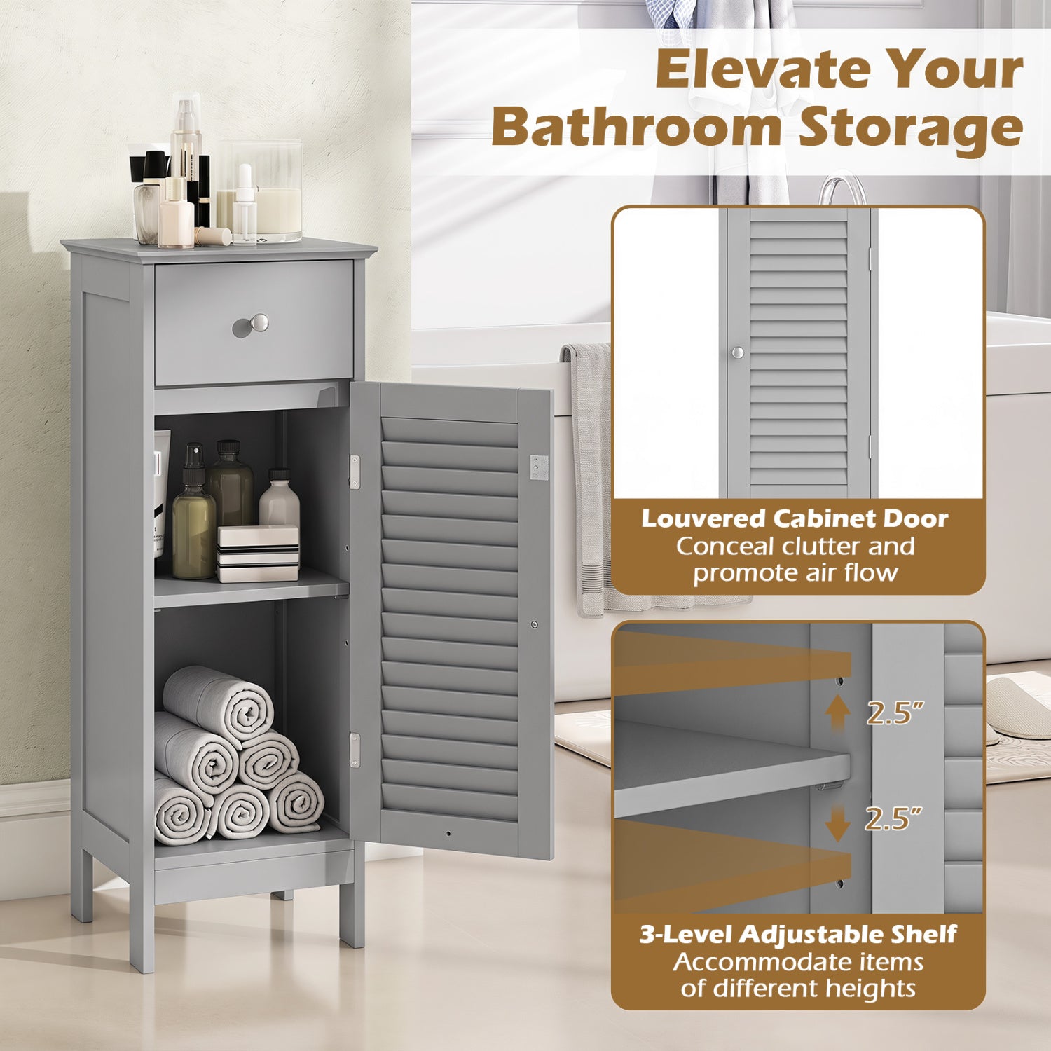 Narrow Bathroom Cabinet with Shelf and Drawer, Gray Floor Cabinets at Gallery Canada