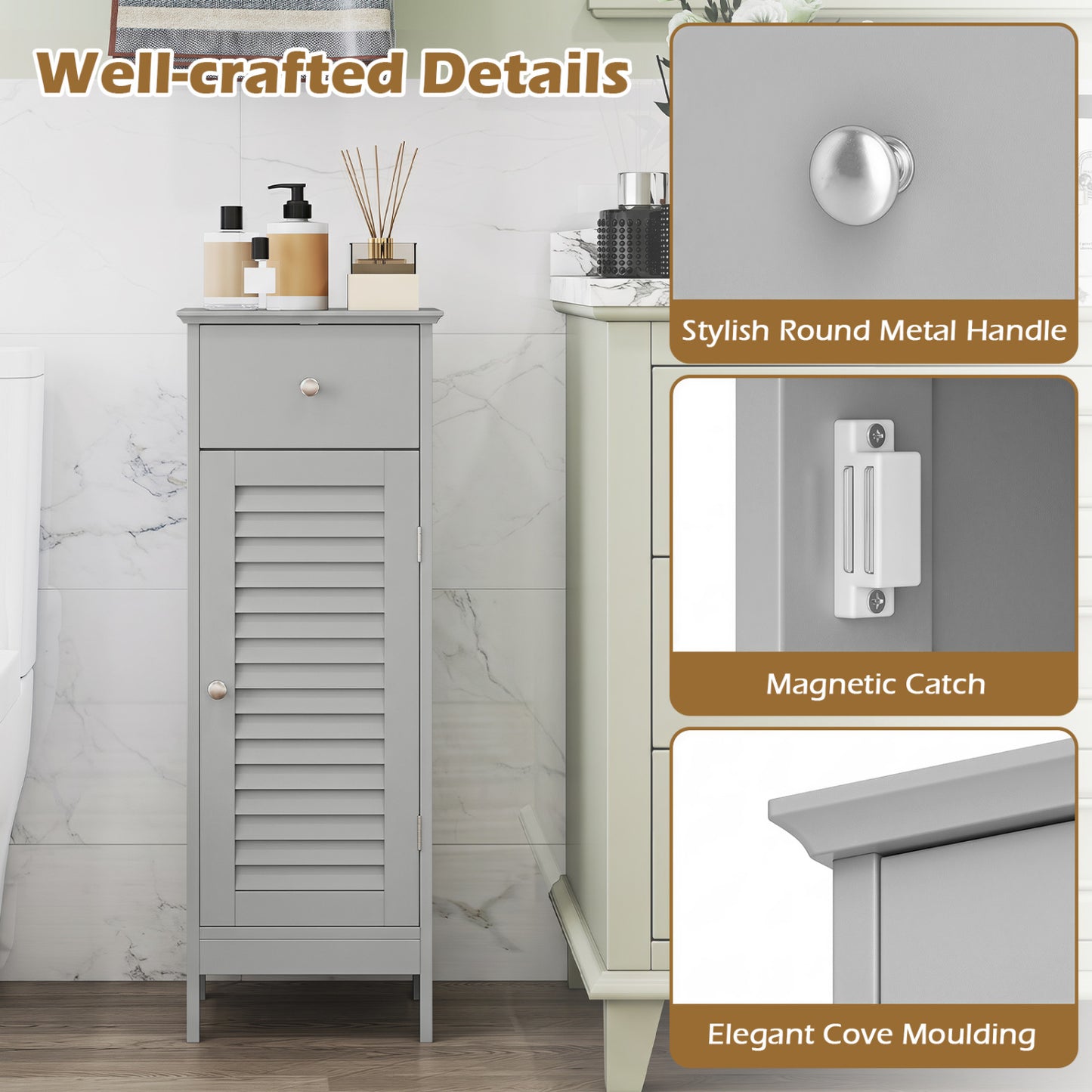 Narrow Bathroom Cabinet with Shelf and Drawer, Gray Floor Cabinets at Gallery Canada