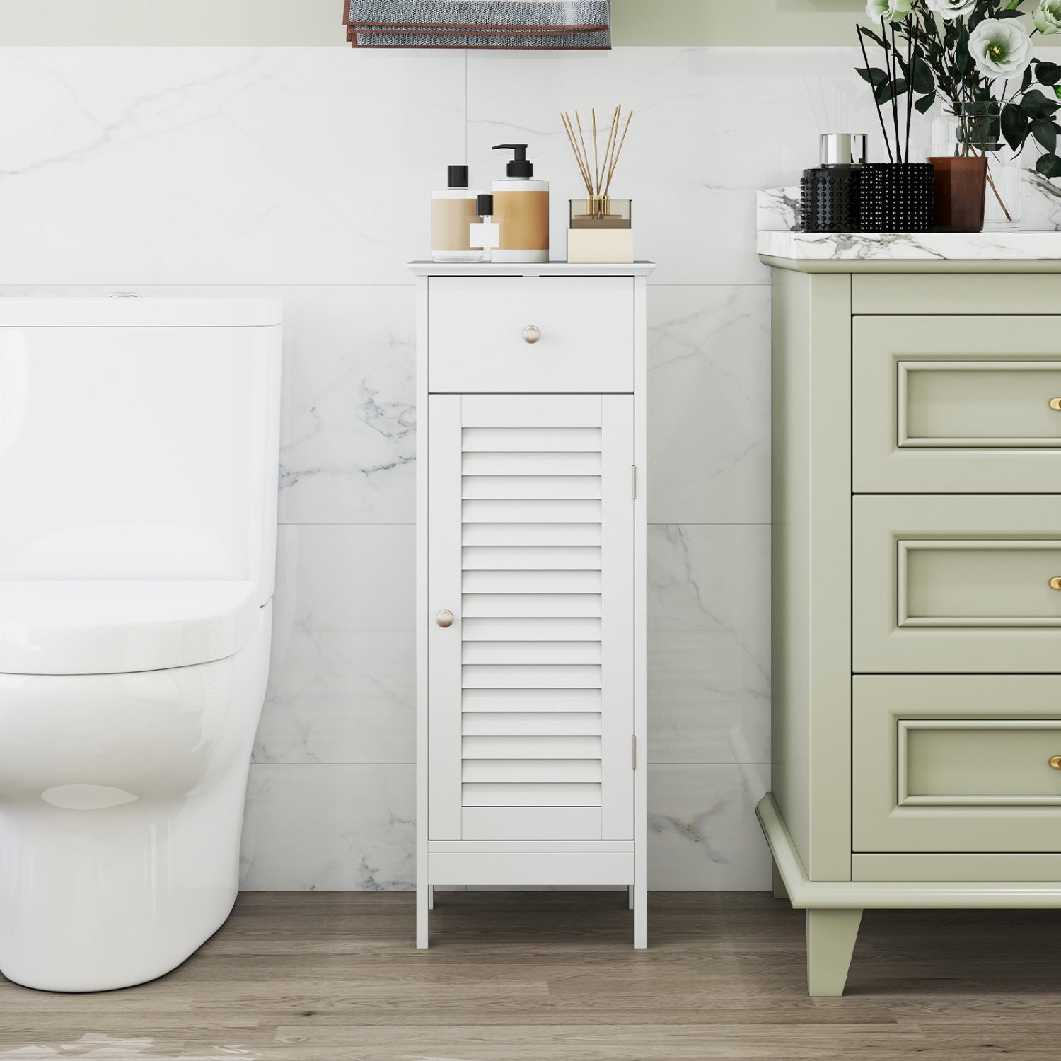 Narrow Bathroom Cabinet, Adjustable Shelf & Drawer, White Floor Cabinets at Gallery Canada