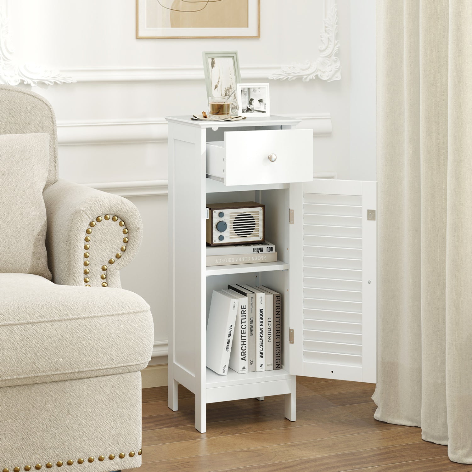 Narrow Bathroom Cabinet, Adjustable Shelf & Drawer, White Floor Cabinets at Gallery Canada