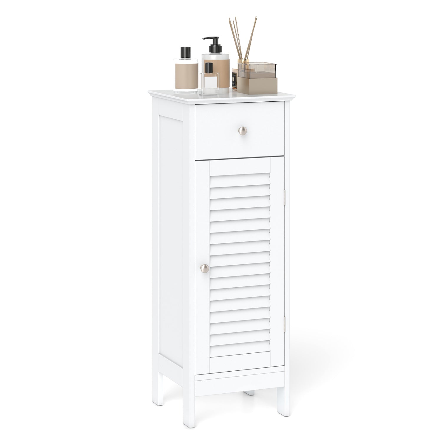 Narrow Bathroom Cabinet, Adjustable Shelf & Drawer, White Floor Cabinets at Gallery Canada