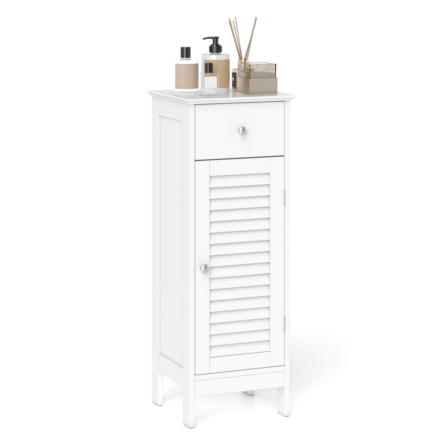 Narrow Bathroom Cabinet, Adjustable Shelf & Drawer, White Floor Cabinets at Gallery Canada