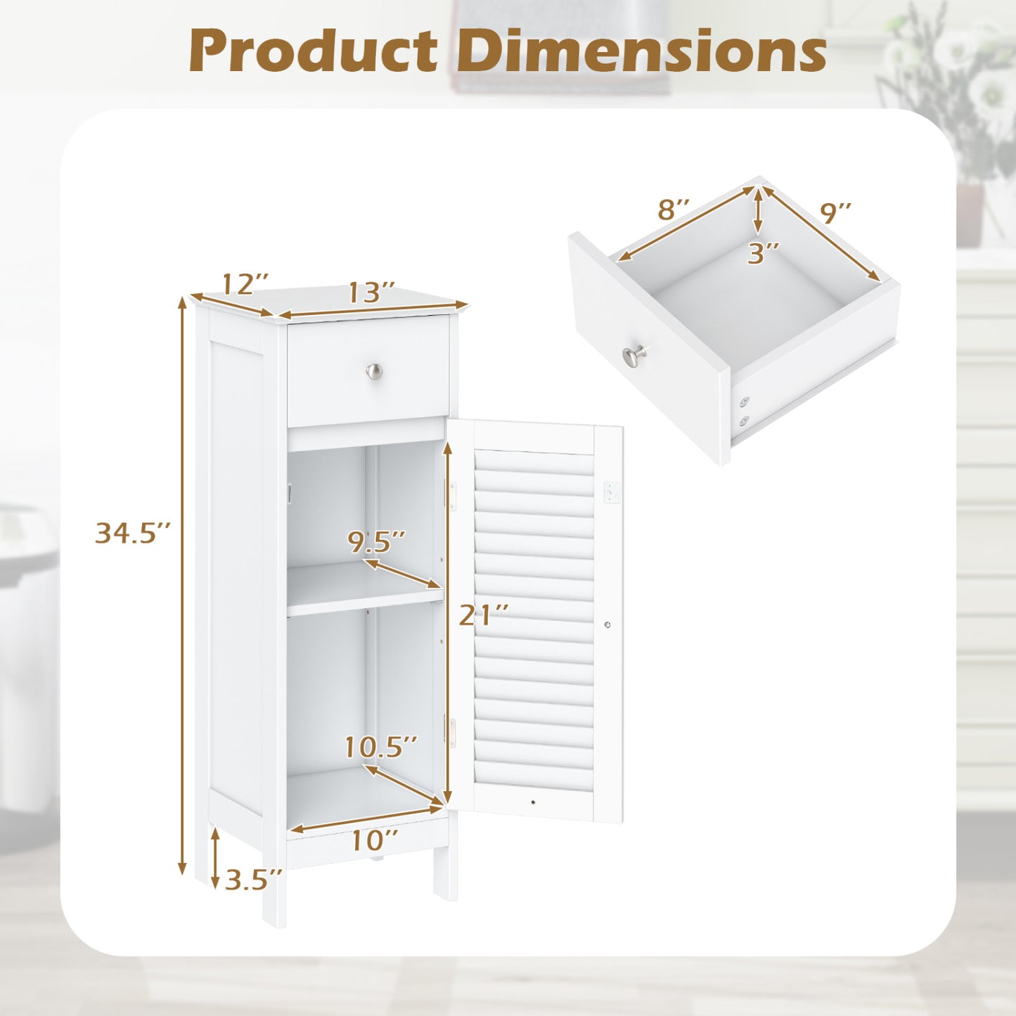 Narrow Bathroom Cabinet, Adjustable Shelf & Drawer, White Floor Cabinets at Gallery Canada