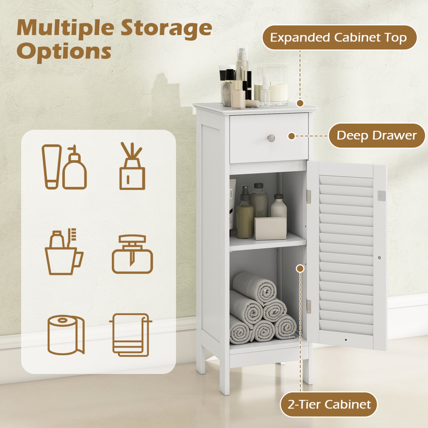 Narrow Bathroom Cabinet, Adjustable Shelf & Drawer, White Floor Cabinets at Gallery Canada