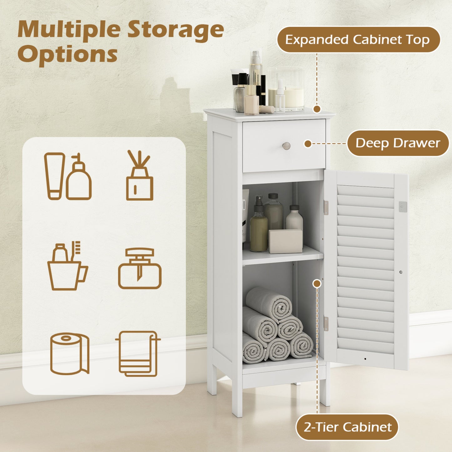 Narrow Bathroom Cabinet, Adjustable Shelf & Drawer, White Floor Cabinets at Gallery Canada