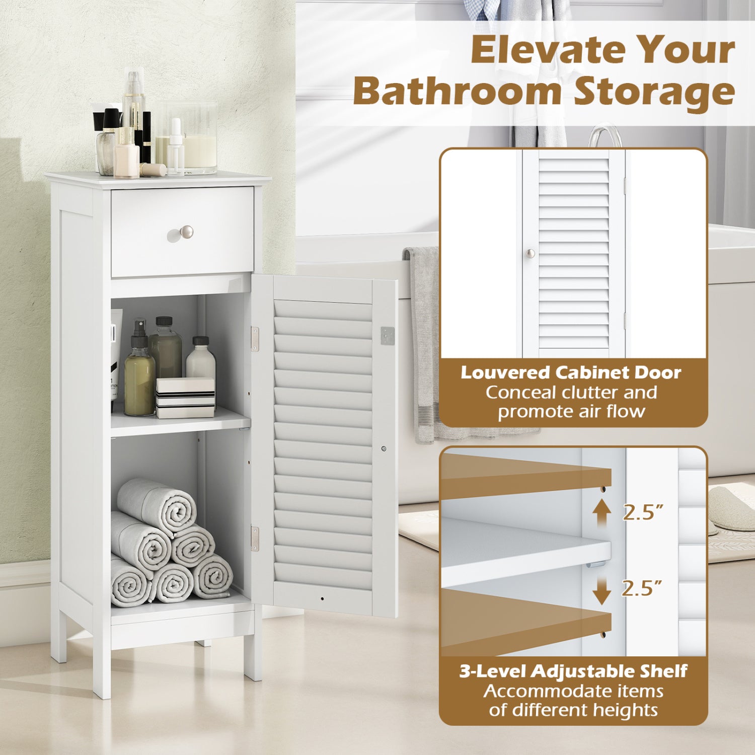 Narrow Bathroom Cabinet, Adjustable Shelf & Drawer, White Floor Cabinets at Gallery Canada