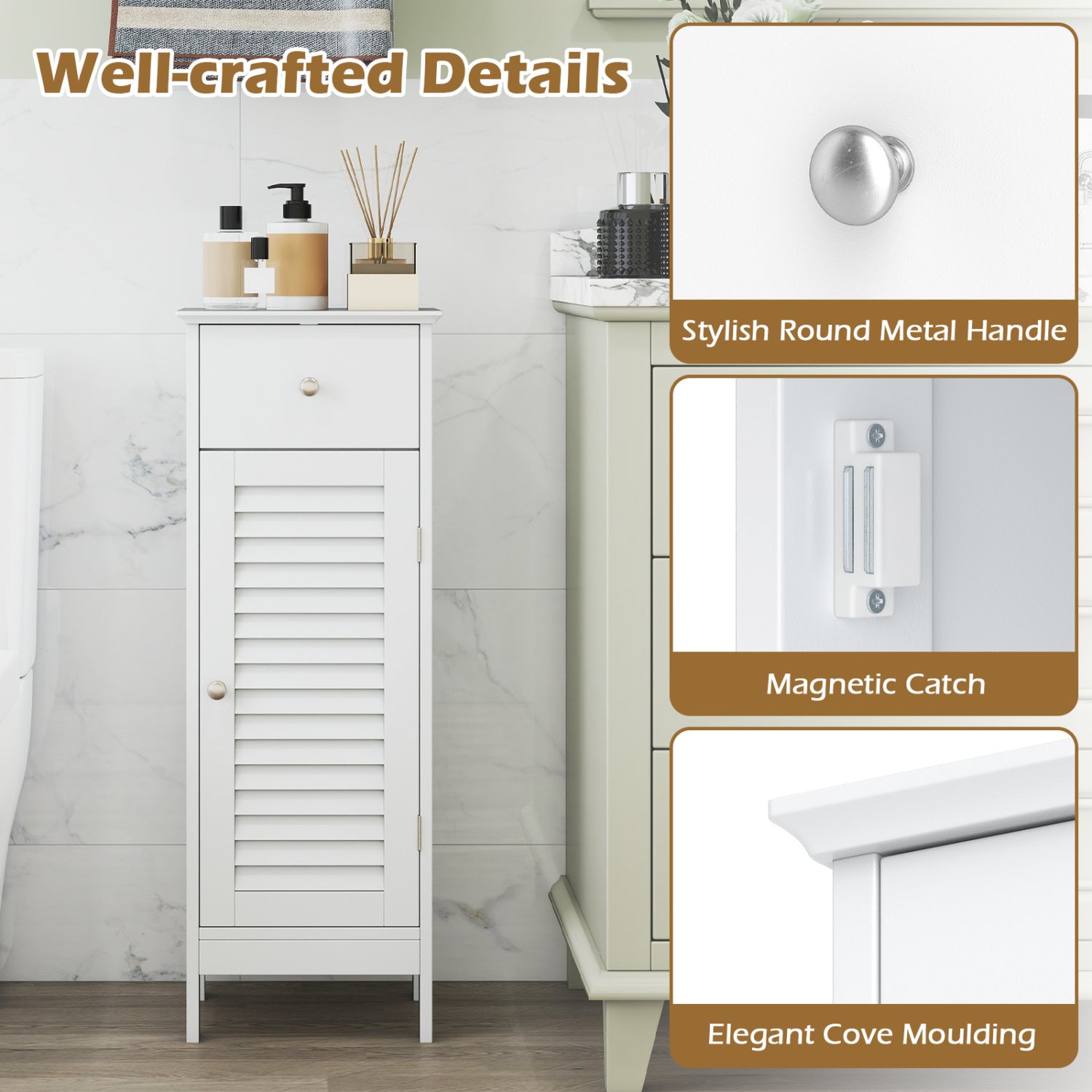 Narrow Bathroom Cabinet, Adjustable Shelf & Drawer, White Floor Cabinets at Gallery Canada