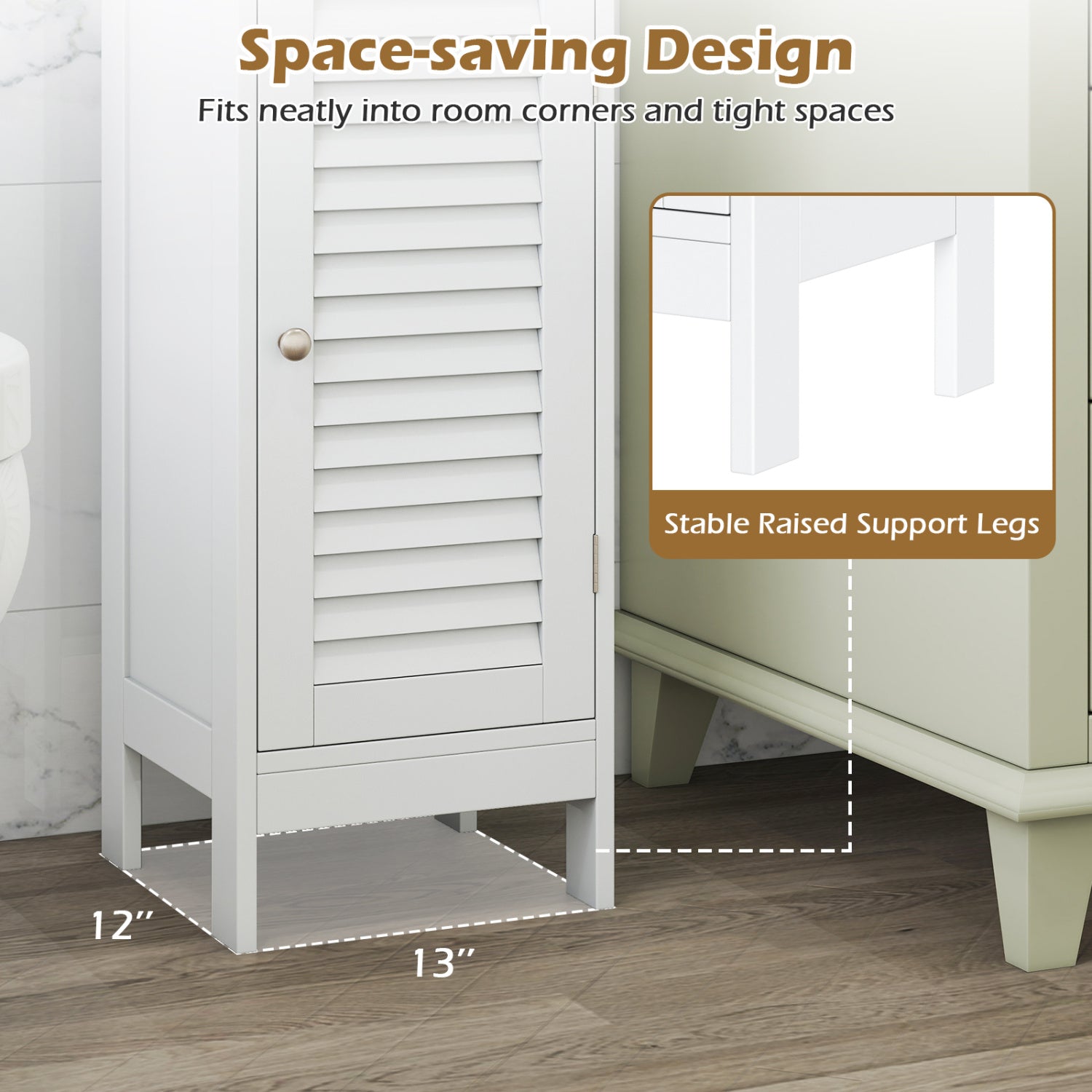 Narrow Bathroom Cabinet, Adjustable Shelf & Drawer, White Floor Cabinets at Gallery Canada