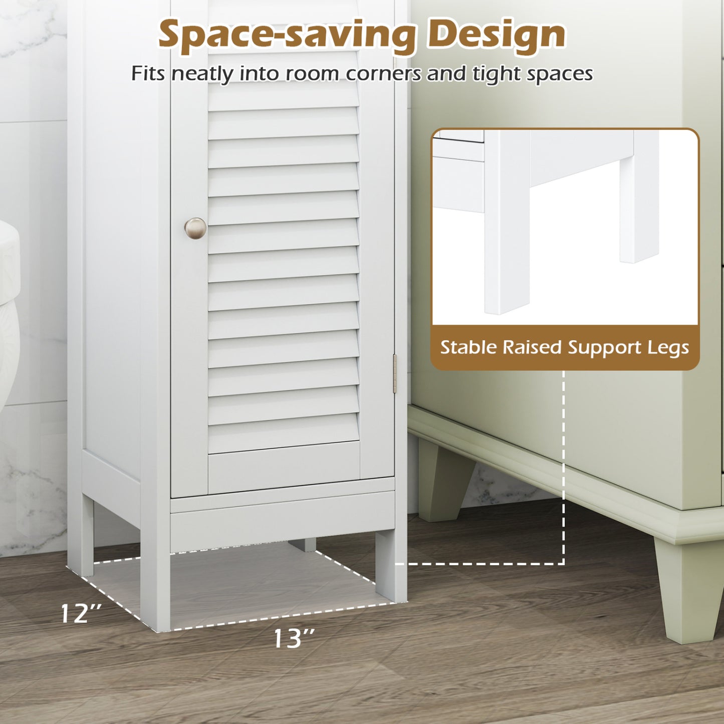 Narrow Bathroom Cabinet, Adjustable Shelf & Drawer, White Floor Cabinets at Gallery Canada