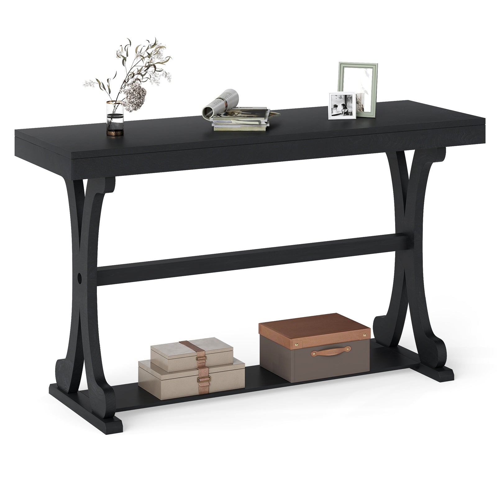 Narrow Console Table, 52 Inch, Open Storage Shelf, Black Console Tables at Gallery Canada