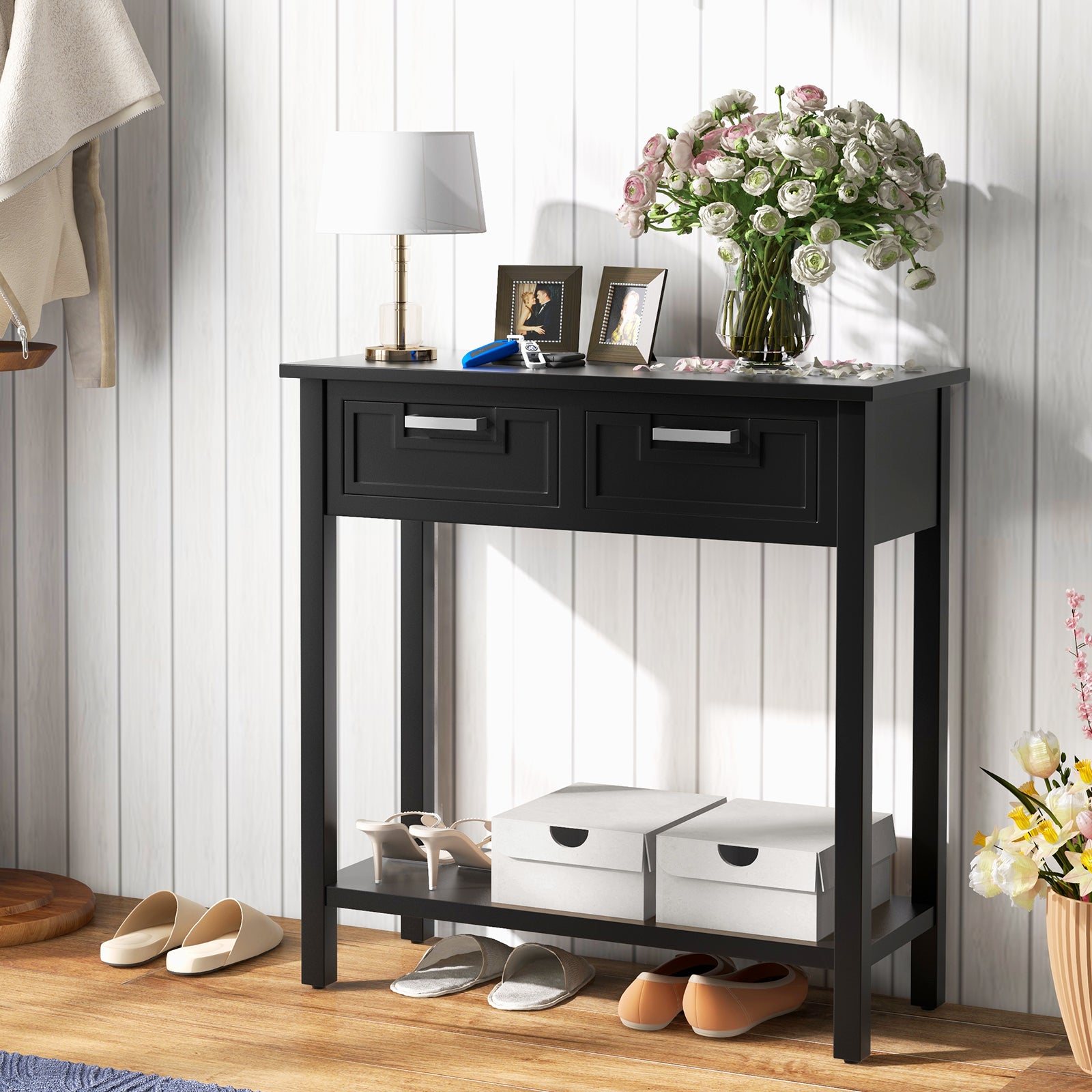 Narrow Console Table With Drawers, Open Storage Shelf, Black Console Tables at Gallery Canada