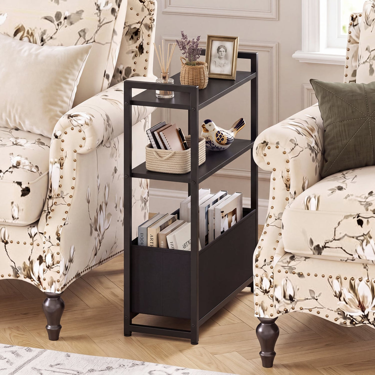 Narrow End Table, Storage Shelves, Metal Frame, Black End & Side Tables at Gallery Canada