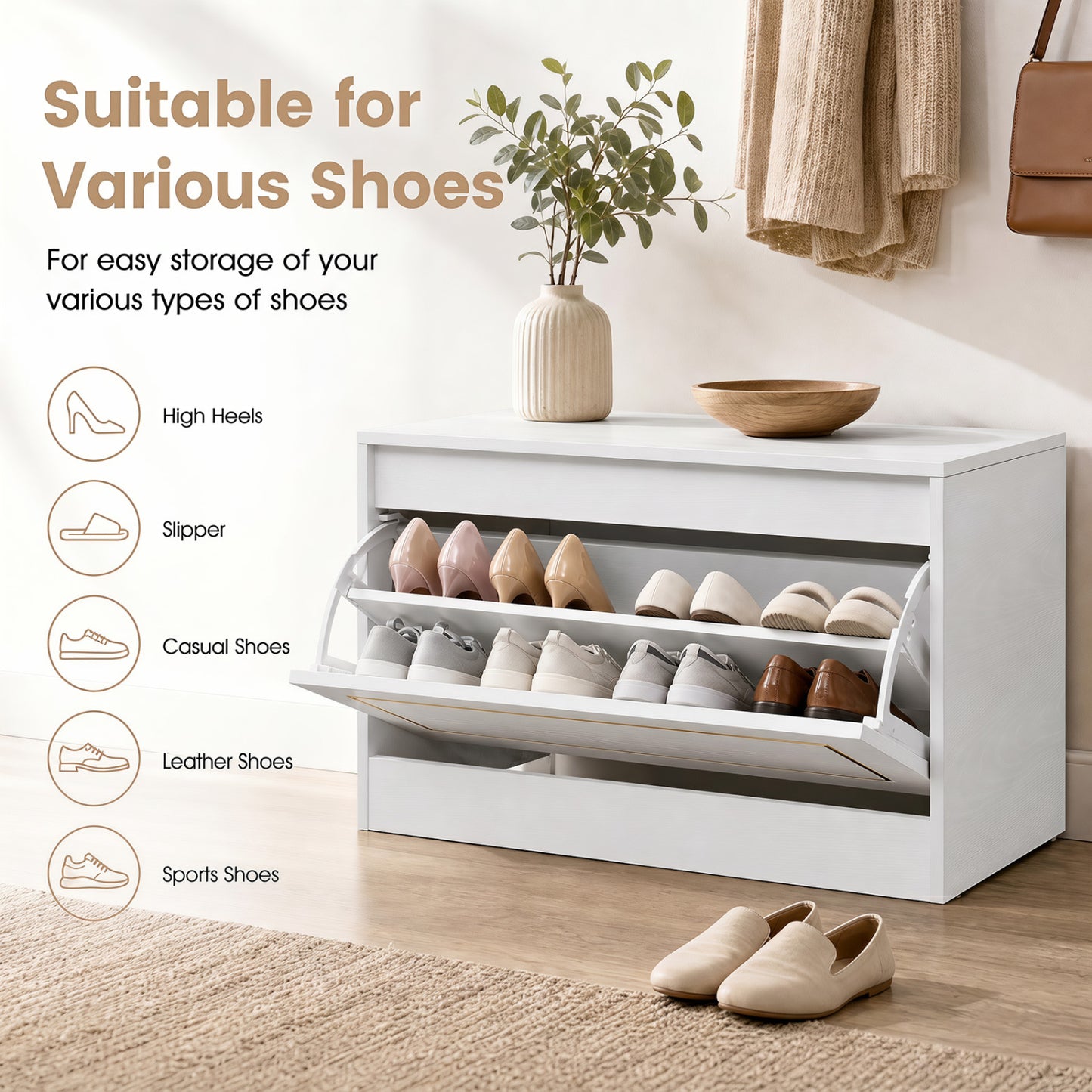 Narrow Shoe Cabinet, 1 Flip Drawer, Adjustable Shelf, White