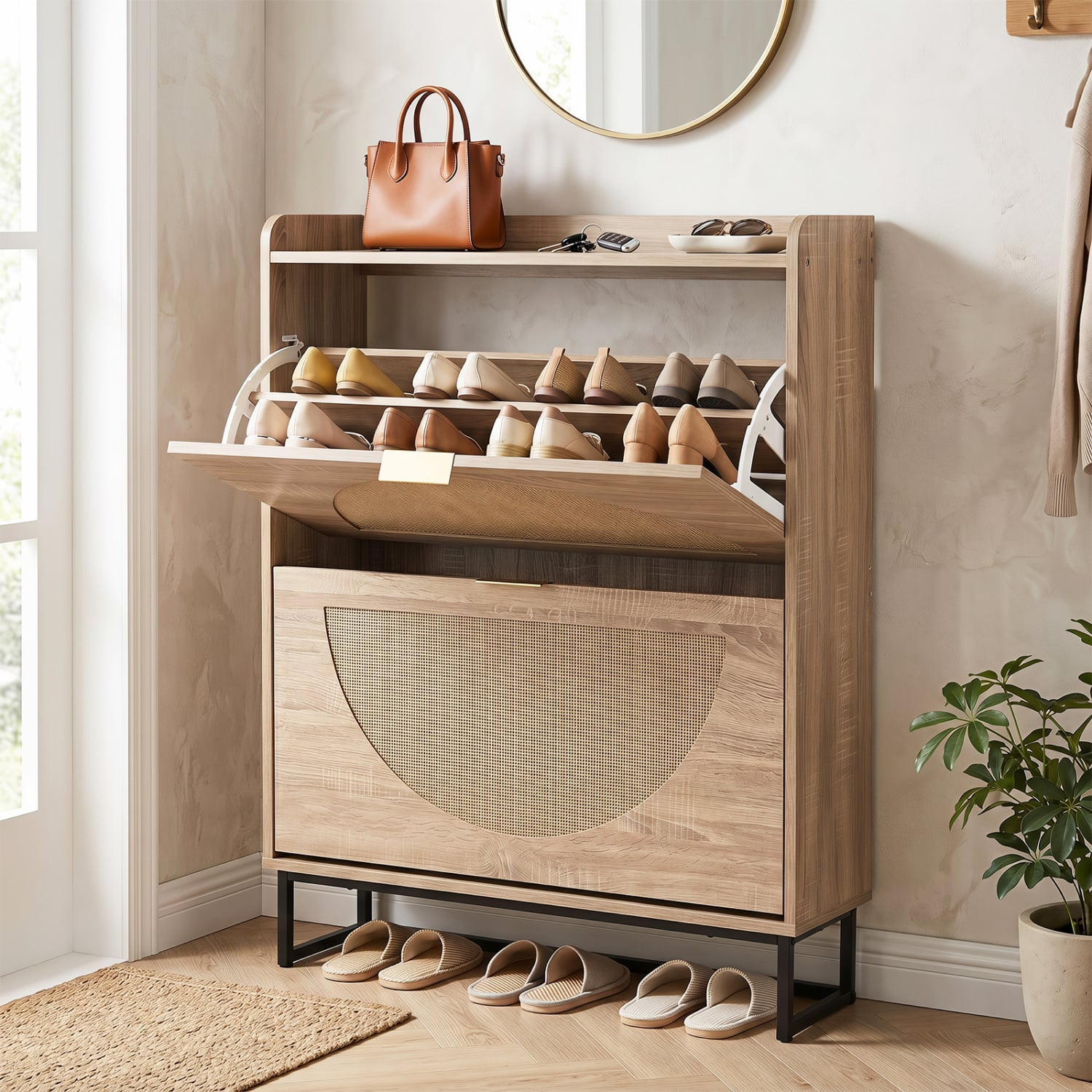 Narrow Shoe Storage Cabinet, 2 Flip Drawers, Adjustable Shelves, Natural Shoe Racks & Storage Benches at Gallery Canada
