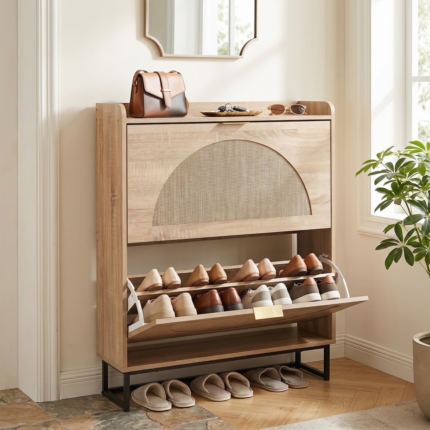 Narrow Shoe Storage Cabinet, 2 Flip Drawers, Adjustable Shelves, Natural Shoe Racks & Storage Benches at Gallery Canada