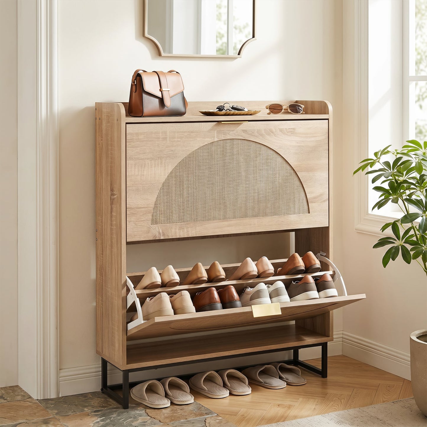 Narrow Shoe Storage Cabinet, 2 Flip Drawers, Adjustable Shelves, Natural Shoe Racks & Storage Benches at Gallery Canada