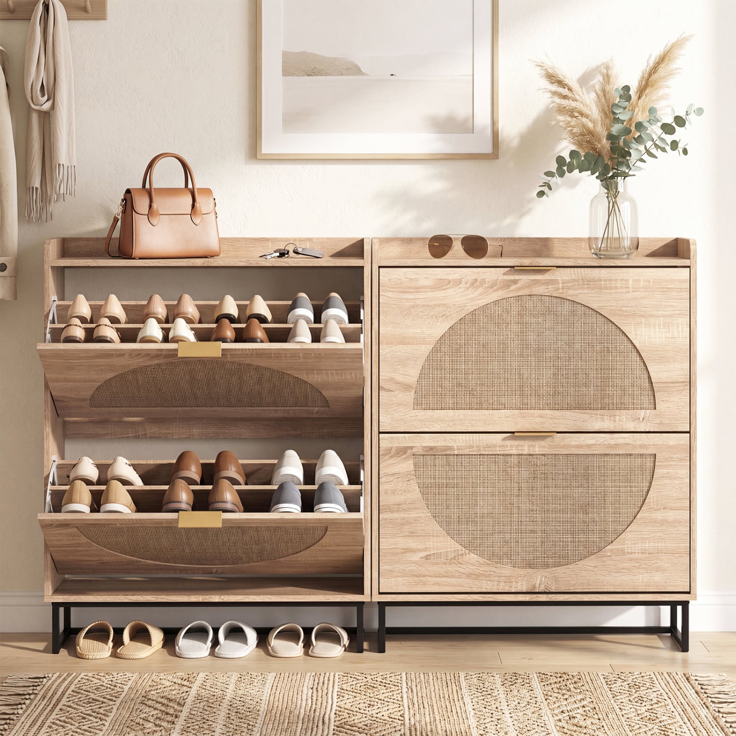 Narrow Shoe Storage Cabinet, 2 Flip Drawers, Adjustable Shelves, Natural Shoe Racks & Storage Benches at Gallery Canada