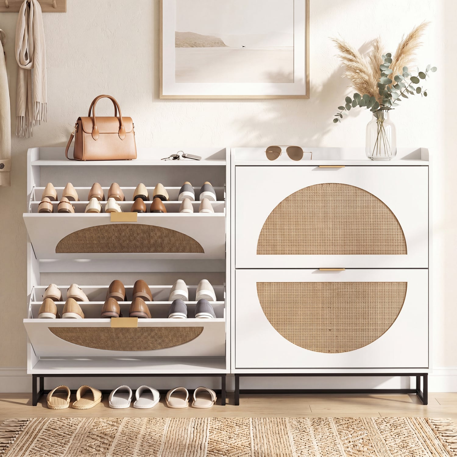 Narrow Shoe Storage Cabinet with 2 Flip Drawers and Adjustable Shelves, White Shoe Racks & Storage Benches at Gallery Canada