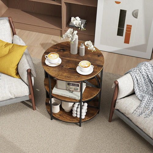 Narrow Side Table, Metal Frame, Storage Shelves, Rustic Brown