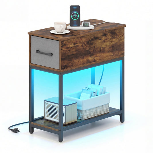 Narrow Side Table With Charging Station, LED Lights, Industrial End Table, Brown End & Side Tables Brown at Gallery Canada