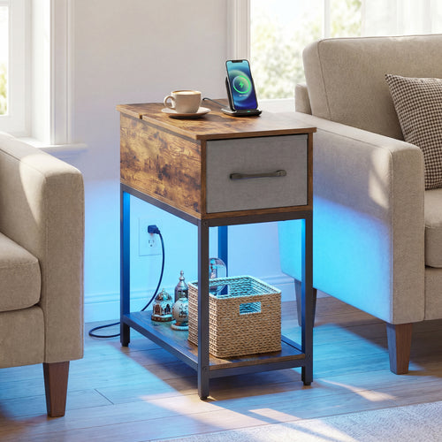 Narrow Side Table With Charging Station, LED Lights, Industrial End Table, Brown