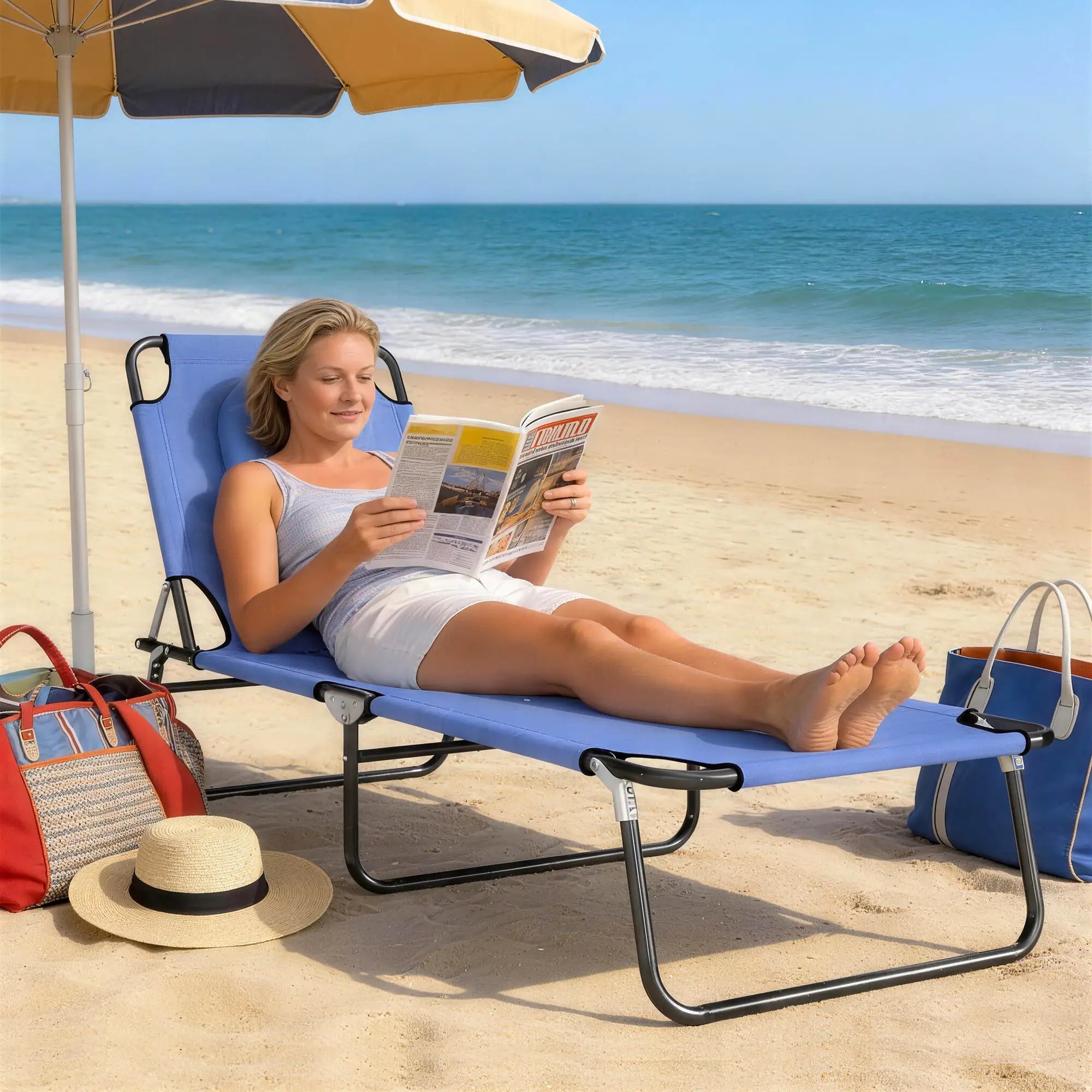 Adjustable Outdoor Lounge Chair, Folding Chaise with Face Hole, Blue Lounger Chairs at Gallery Canada