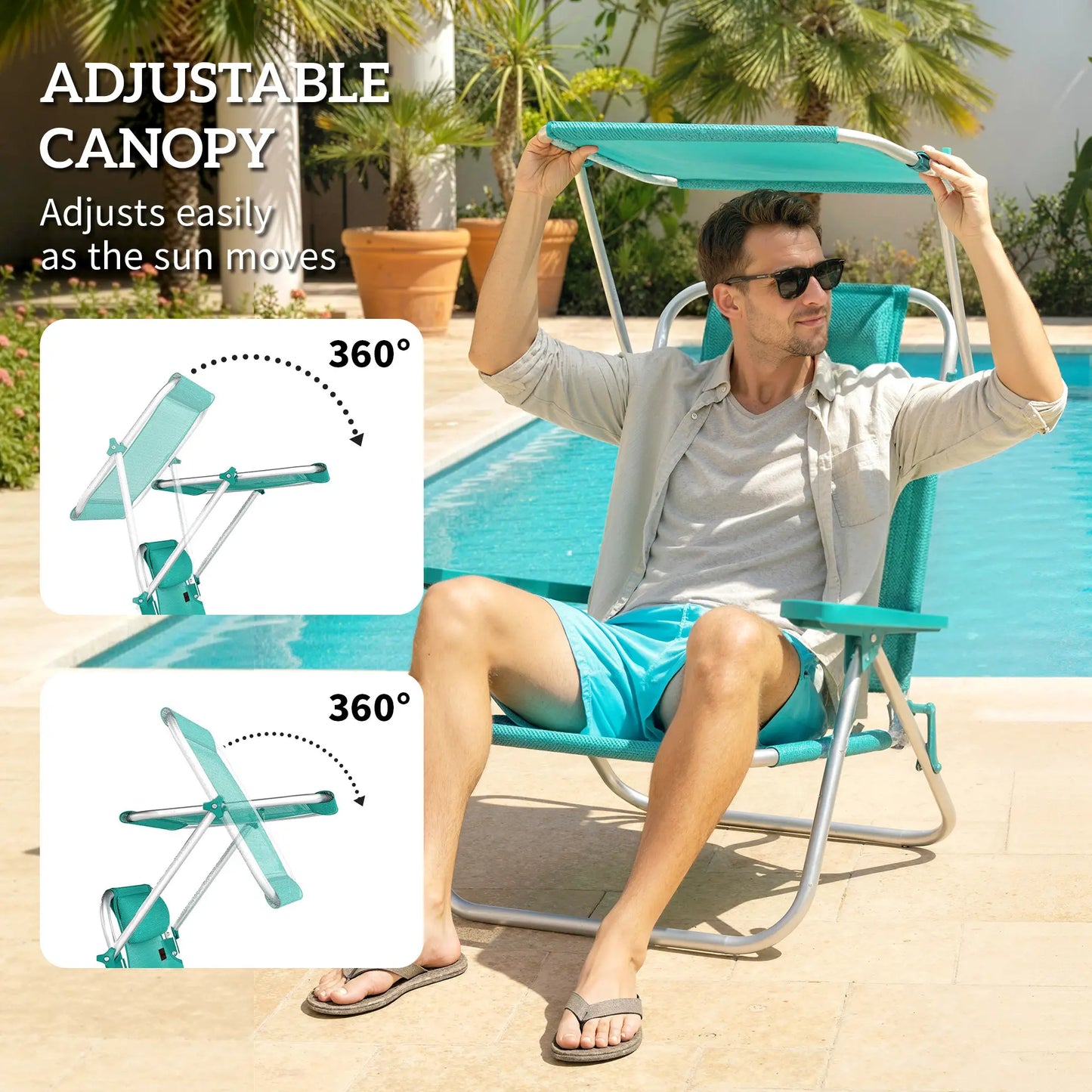 Folding Beach Chair, Adjustable Canopy, 6-Position Reclining, Turquoise Beach Accessories at Gallery Canada