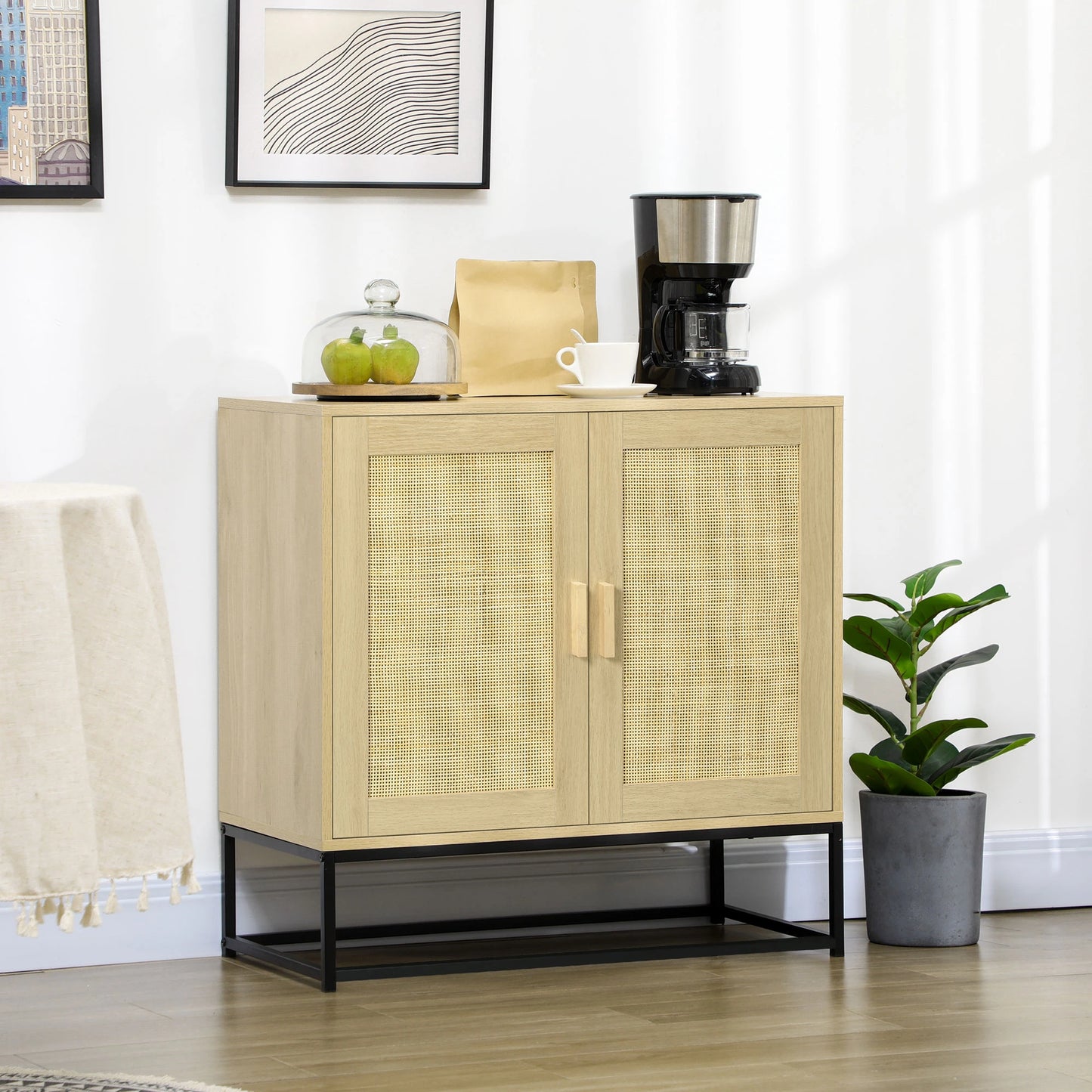 Wood Sideboard Cabinet, 2 Rattan Doors, Adjustable Shelf, Steel Legs Bar Cabinets at Gallery Canada