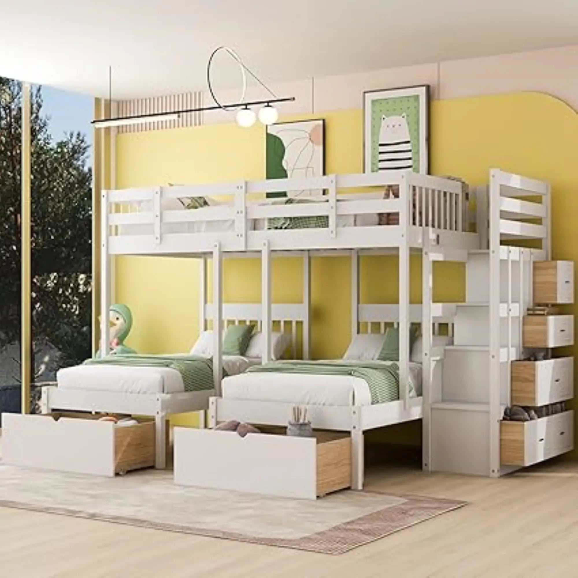 Twin Triple Bunk Bed with Storage Drawers, Pine Wood Frame, 115