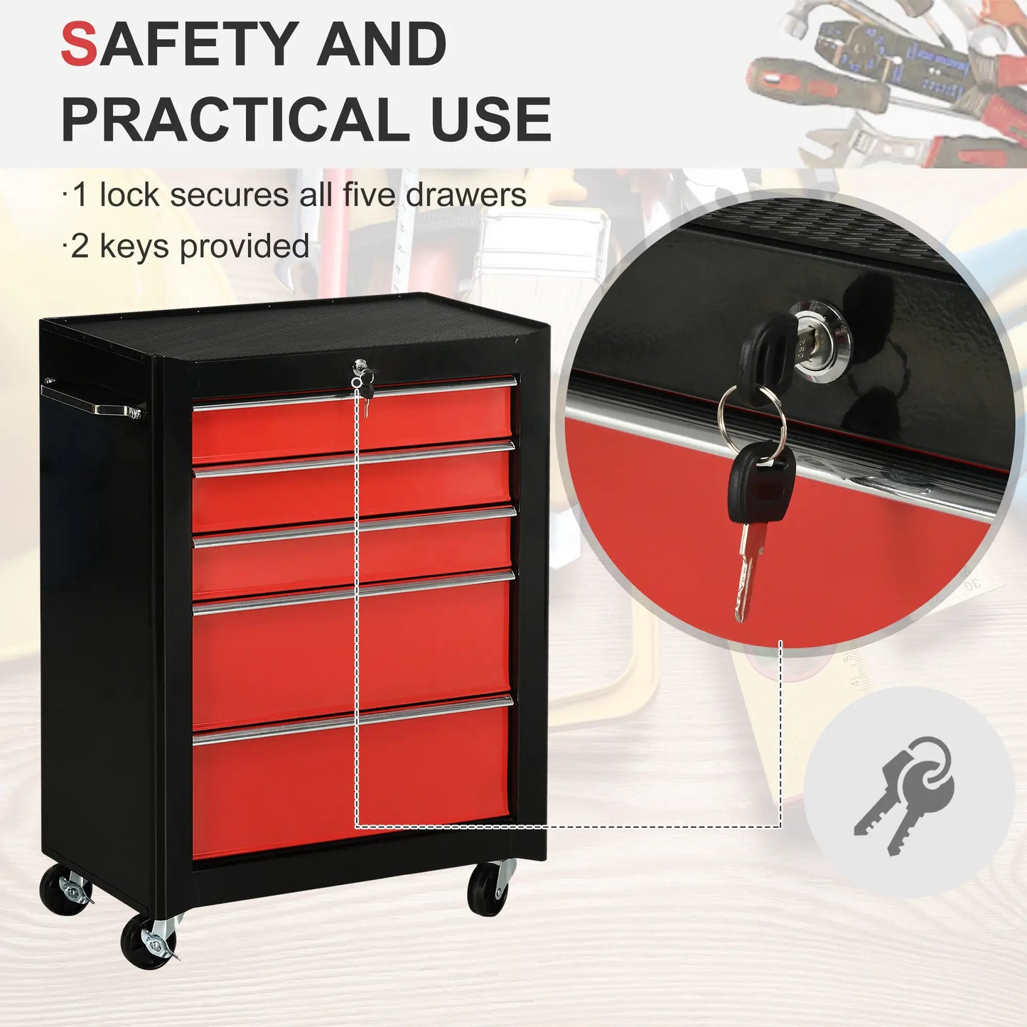 5-Drawer Rolling Tool Chest, Lockable Tool Cabinet, 4 Wheels, Black, Red