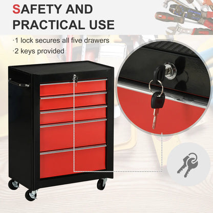 5-Drawer Rolling Tool Chest, Lockable Tool Cabinet, 4 Wheels, Black, Red