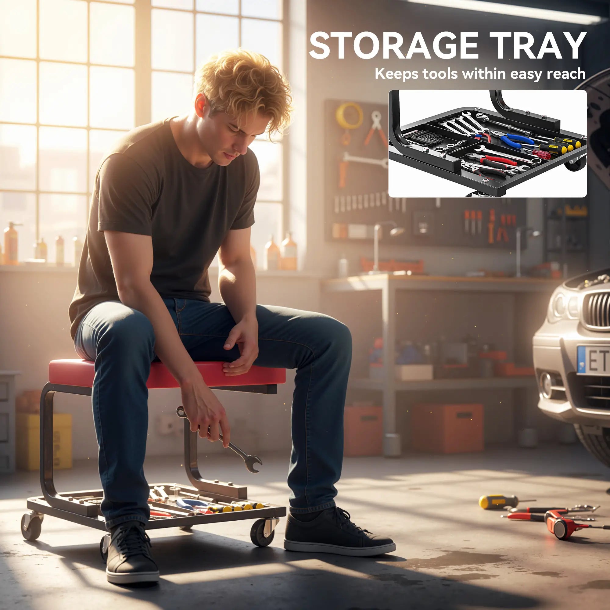 Rolling Mechanic Stool, 300 LBS Capacity Garage Stool with 2