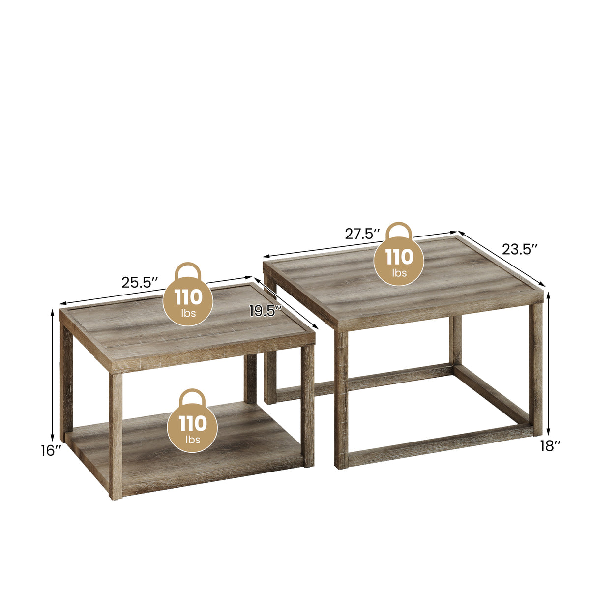 Stackable Rectangular Nesting Coffee Table Set, 2 Tables, Gray End & Side Tables at Gallery Canada