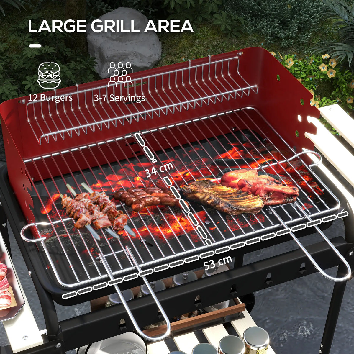Charcoal Barbecue Grill, Adjustable Height, Portable BBQ Trolley, Red