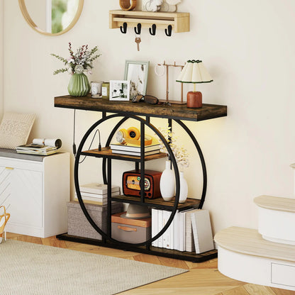 4-Tier Console Table With Charging Station, LED Lights, 39", Rustic Brown