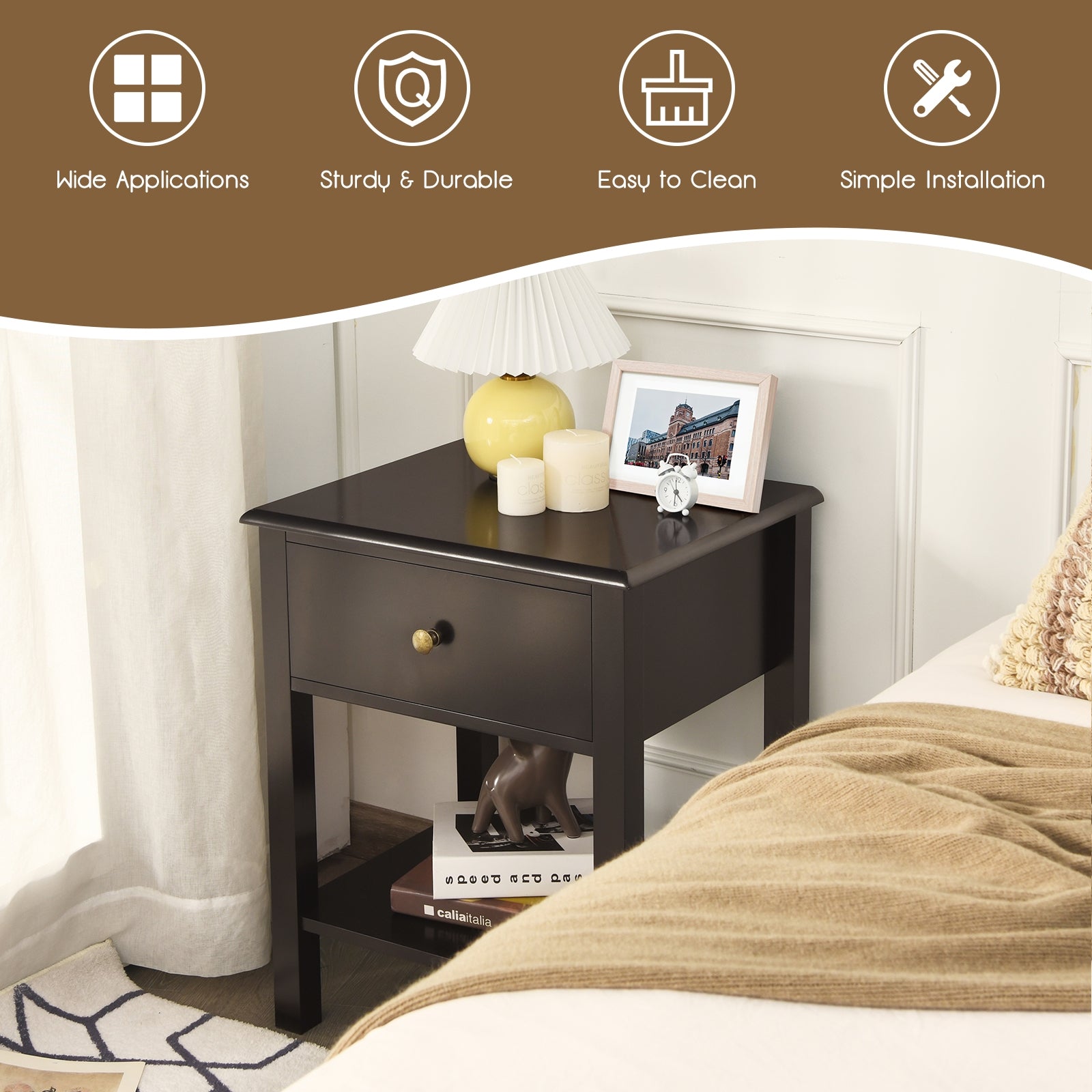 Nightstand End Table with Drawer and Shelf, Brown Nightstands at Gallery Canada