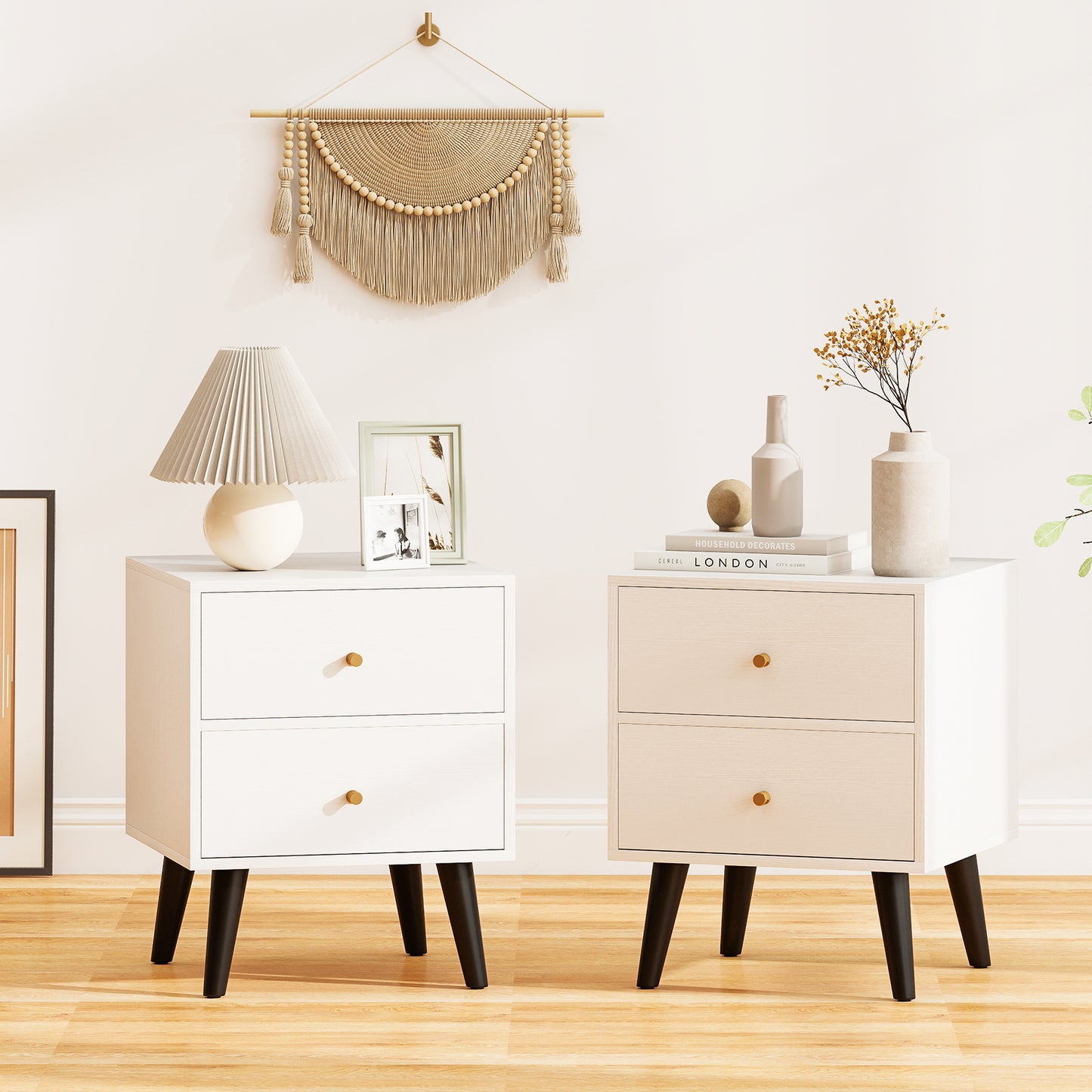 Mid Century Modern Nightstand Set, 2 Piece, White Nightstands at Gallery Canada