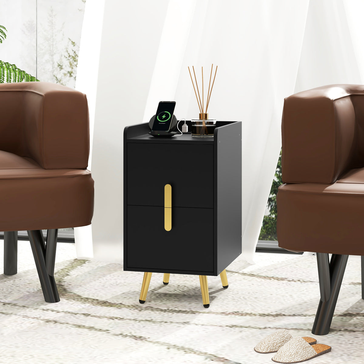 Nightstand With 2 Drawers, 2 USB Ports, Black Nightstands at Gallery Canada