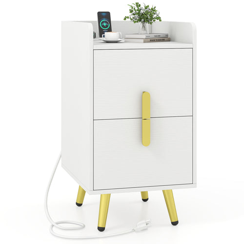 Nightstand Side Tables, 2 Drawers, 2 USB Ports, White