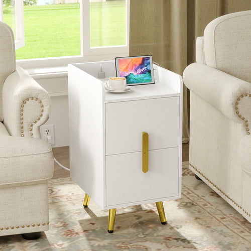 Nightstand Side Tables, 2 Drawers, 2 USB Ports, White